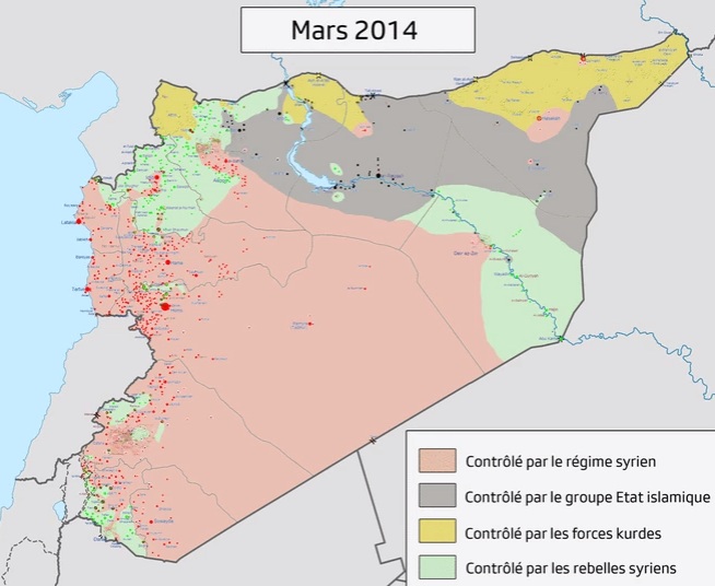 خريطة توضح مناطق النفوذ في سوريا حتى آذار/مارس 2014 - الأحمر: النظام، الأسود: داعش، الأصفر: الأكراد، الأخضر: المعارضة