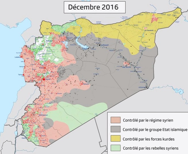 خريطة توضح مناطق النفوذ في سوريا حتى كانون الأول/ديسمبر 2016