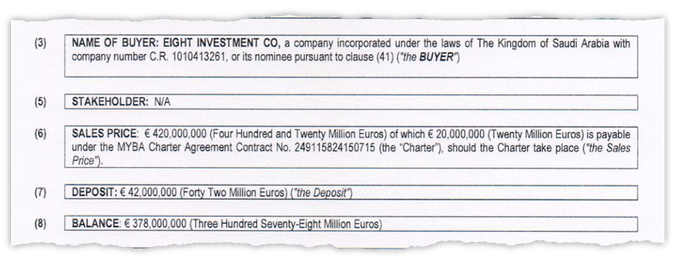 مسودة عقد لشراء شركة "ثمانية للاستثمار" ليخت بقيمة 420 مليون دولار