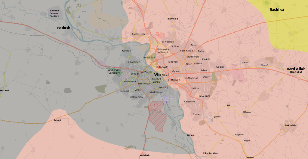 خريطة المعارك حتى 25 كانون الثاني/يناير 2017. اللون الأسود لداعش والأحمر للقوات العراقية