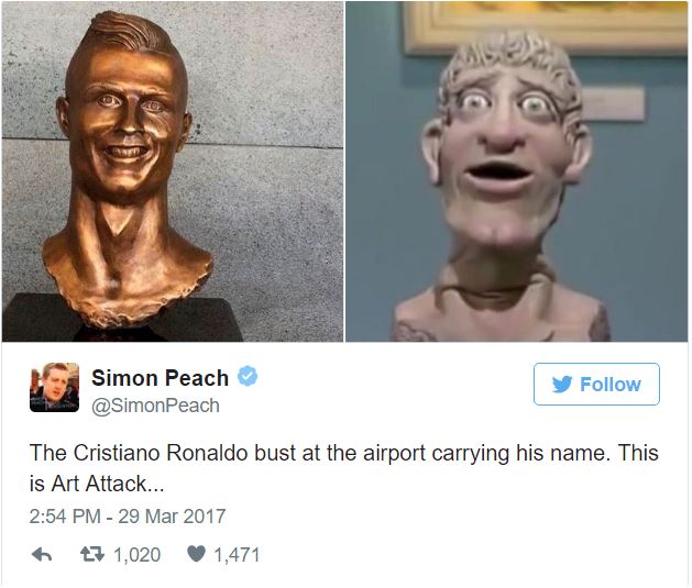تمثال رونالدو شبيه ببرنامج Art Attack (تويتر)