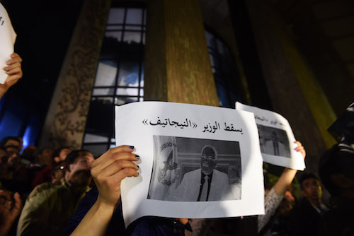 احتجاجات السنة الماضية لصحفيين مصريين بعد اقتحام نقابتهم واعتقال زملائهم (محمد الشاهد/أ.ف.ب)