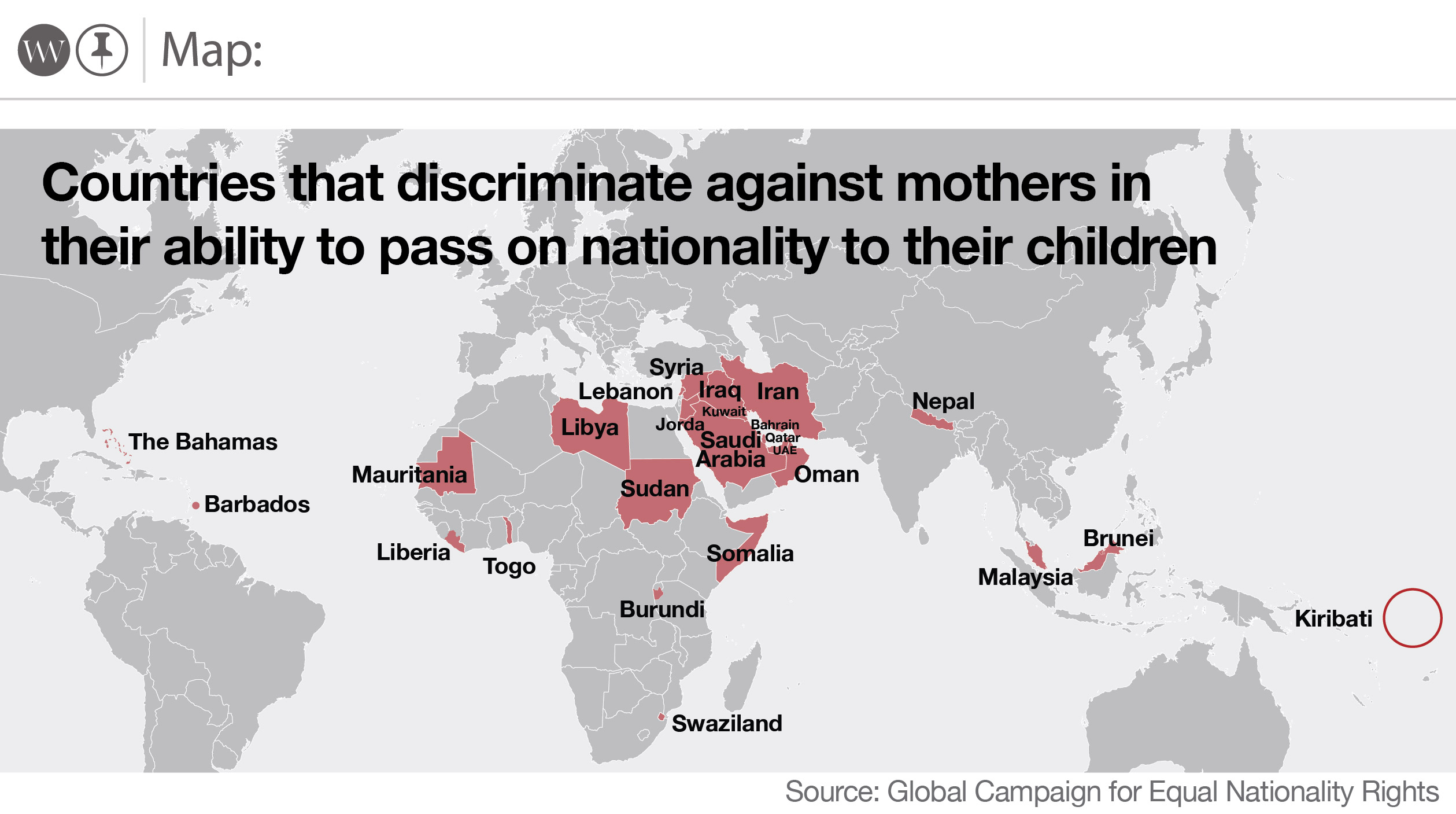 خريطة بالدول التي تمنع منح الأطفال جنسية أمهاتهم