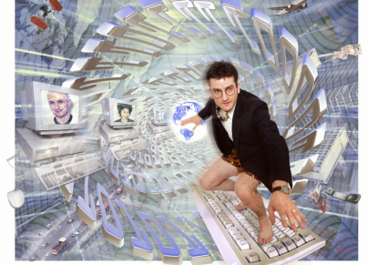 Global communications, businessman 'surfing' on keyboard (Composite photo)
