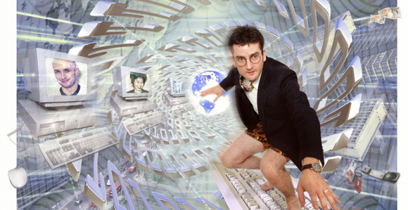 Global communications, businessman 'surfing' on keyboard (Composite photo)