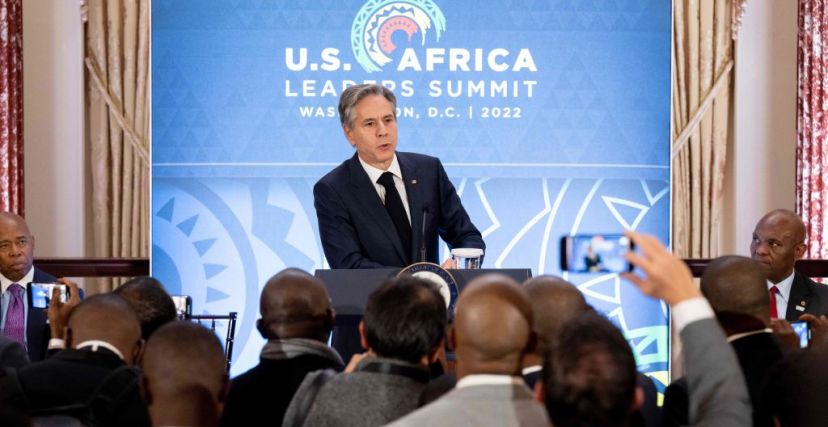 وزير الخارجية الأمريكي أنتوني بلينكن متحدثًا خلال لقاء بين رجال أعمال من الولايات المتحدة الأمريكية ومن أفريقيا يوم أمس (Getty)