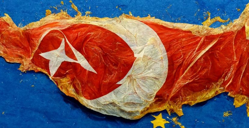 Turkey flag peeling into the EU flag