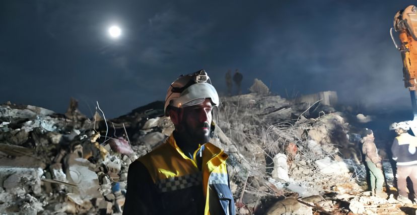 متطوع في الدفاع المدني السوري قرب المباني المنهارة في بلدة جنديرس