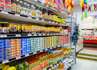 canned food shelves in supermarket 