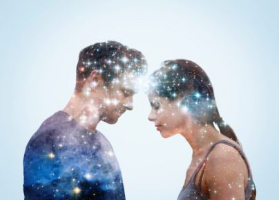 Couple leaning into each other with stars.